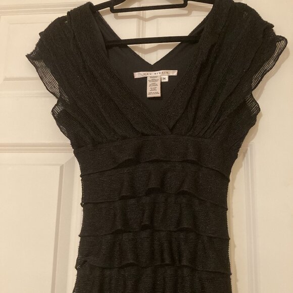 Max Studio Black Ruffled Ruched Midi Dress – Size M – Short Sleeves & V-Neck - Picture 9 of 9